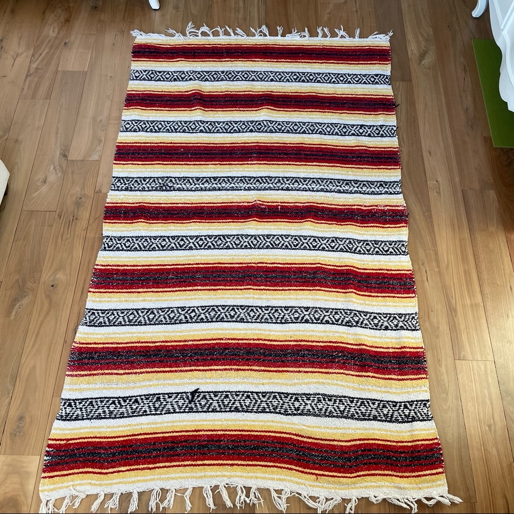 Vintage: Red, Yellow, White, & Black Authentic Mexican Falsa Blanket - Picture 5 of 5